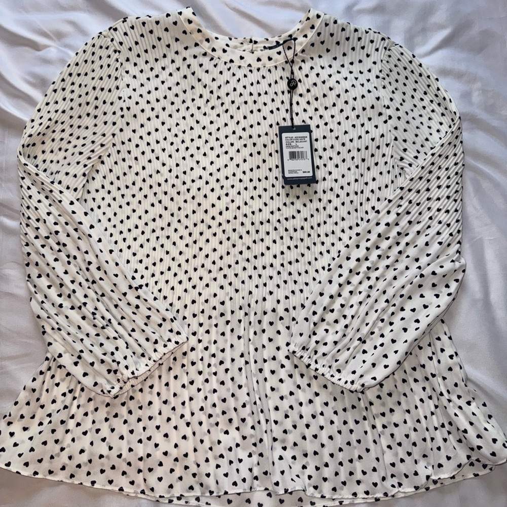 Adrianna Papell Black and White Heart Print Blouse Size Large